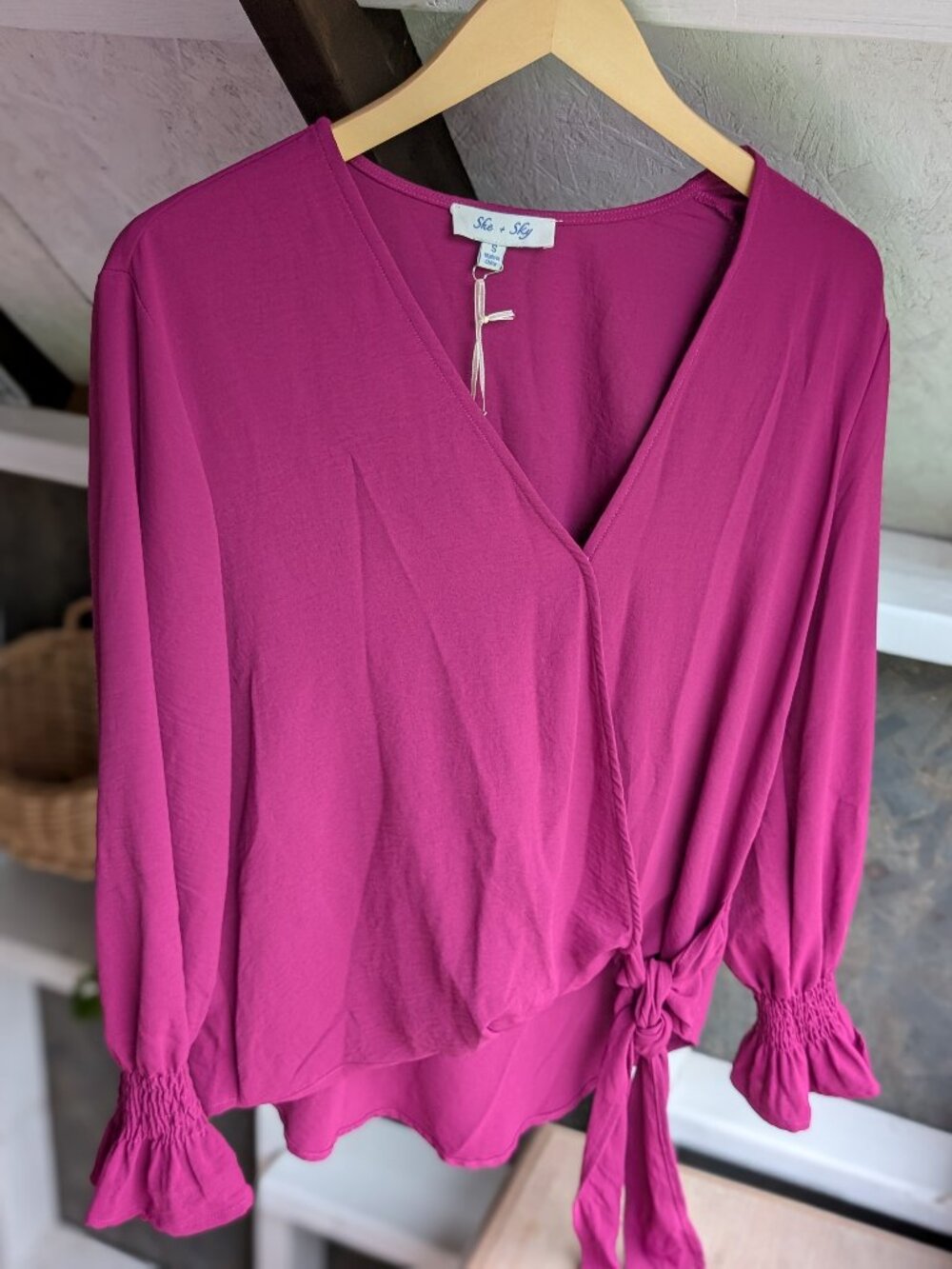 She + Sky Vibrant Magenta Long Sleeve Wrap Top with Smocked Cuffs - S